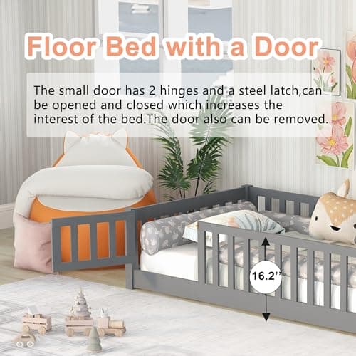 Solid Wood Twin Floor Bed with Door, Fence, Slats, and Guardrails for Kids - Gray