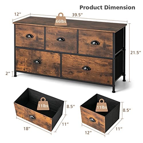 Rustic 5-Drawer Dresser with Fabric Bins and Steel Frame for Bedroom or Living Room - Brown