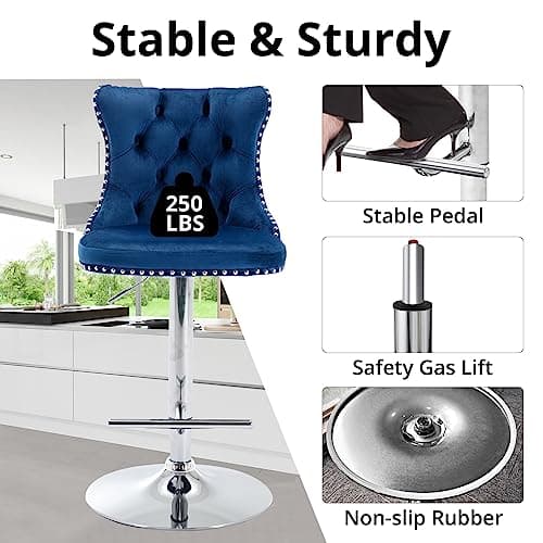 Velvet Swivel Barstools Set of 2, High Back with Nailheads Trim, Blue