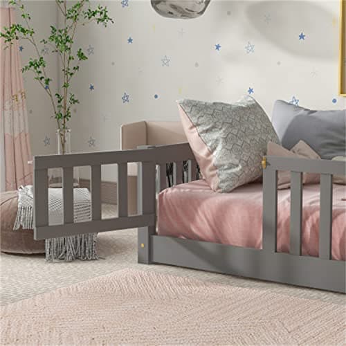 Solid Wood Montessori Floor Bed for Children with Safety Guardrails, Gray (Twin Size)