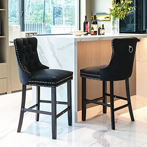 Velvet Bar Stools Set of 2, Beige, Counter Height