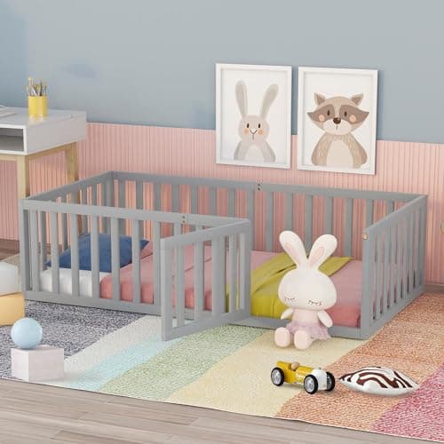 Multifunctional Montessori Floor Bed for Kids with Safety Guardrails, Solid Wood Frame, White