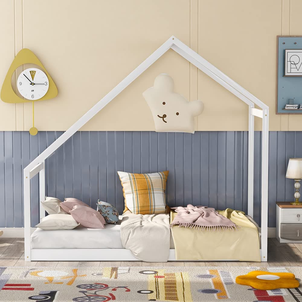 Wooden House Twin Bed Frame for Boys and Girls Bedroom with Roof and Box Spring-Less Support