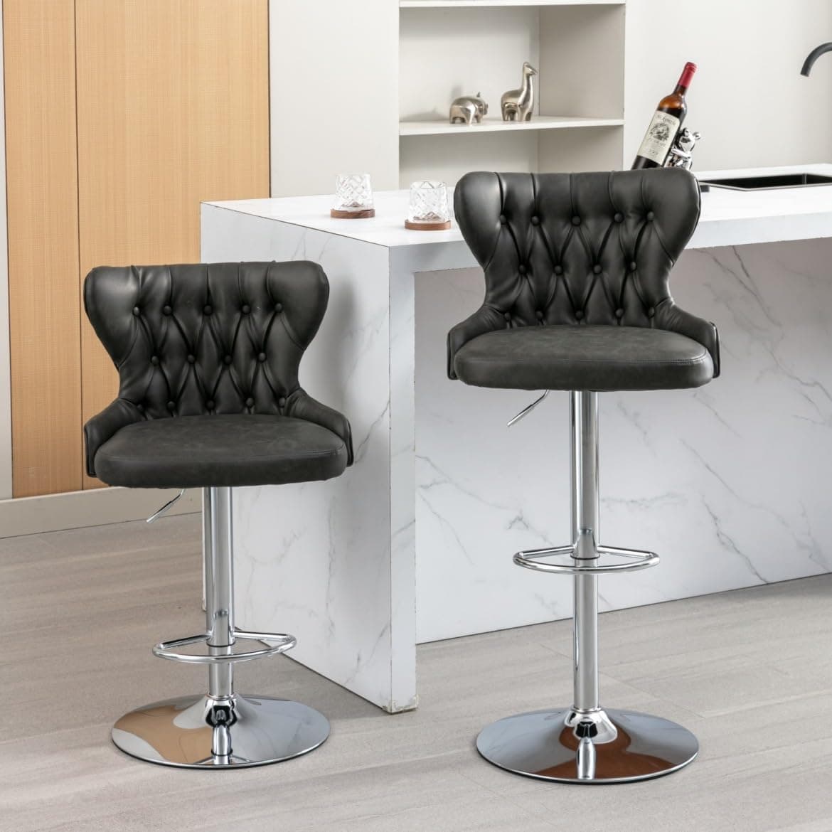 Modern Swivel Bar Stools Set of 2, Adjustable Height with Back and Footrest in Gray PU Leather