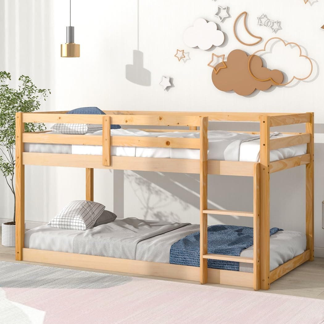 Low Bunk Bed with Guardrails and Ladder for Children Boys Girls, Montessori Style, No Box Spring Needed
