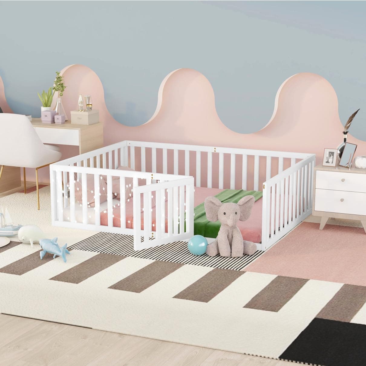 Montessori Floor Bed for Children Boys and Girls, White Wood Frame with Fence and Door