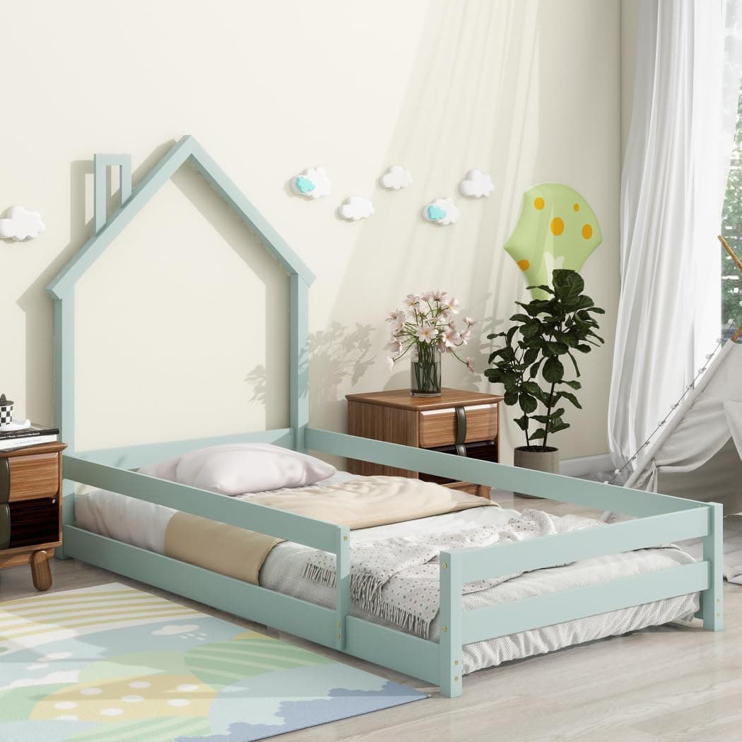 Wood Floor Bed with House-Shaped Headboard and Fences in Green