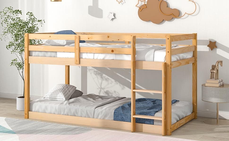 Low Bunk Bed with Guardrails and Ladder for Children Boys Girls, Montessori Style, No Box Spring Needed