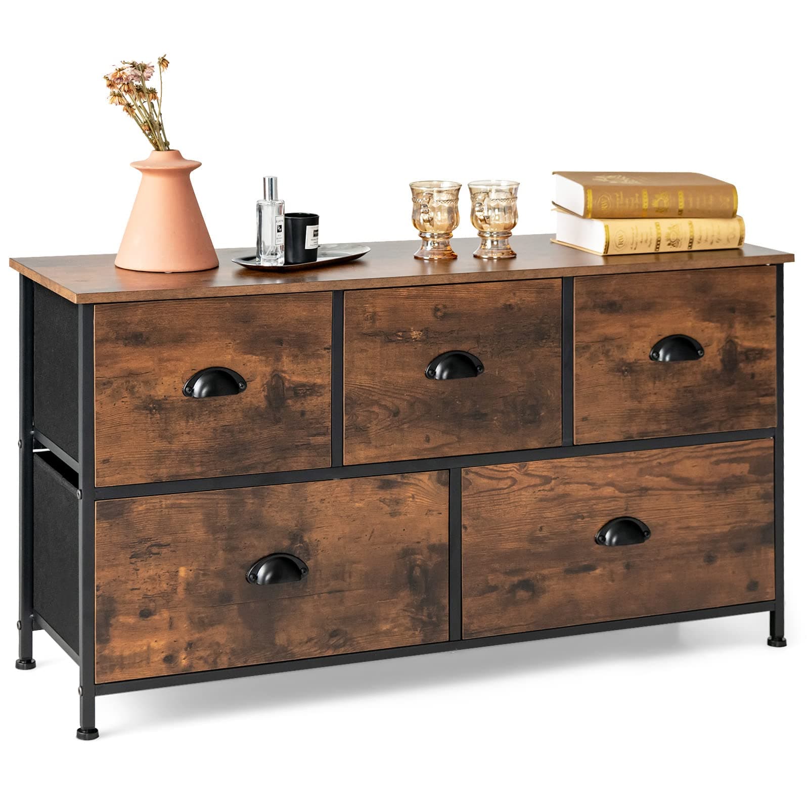 LOKO 5-Drawer Rustic Dresser Organizer with Fabric Drawers and Steel Frame for Bedroom or Living Room, Rustic Brown