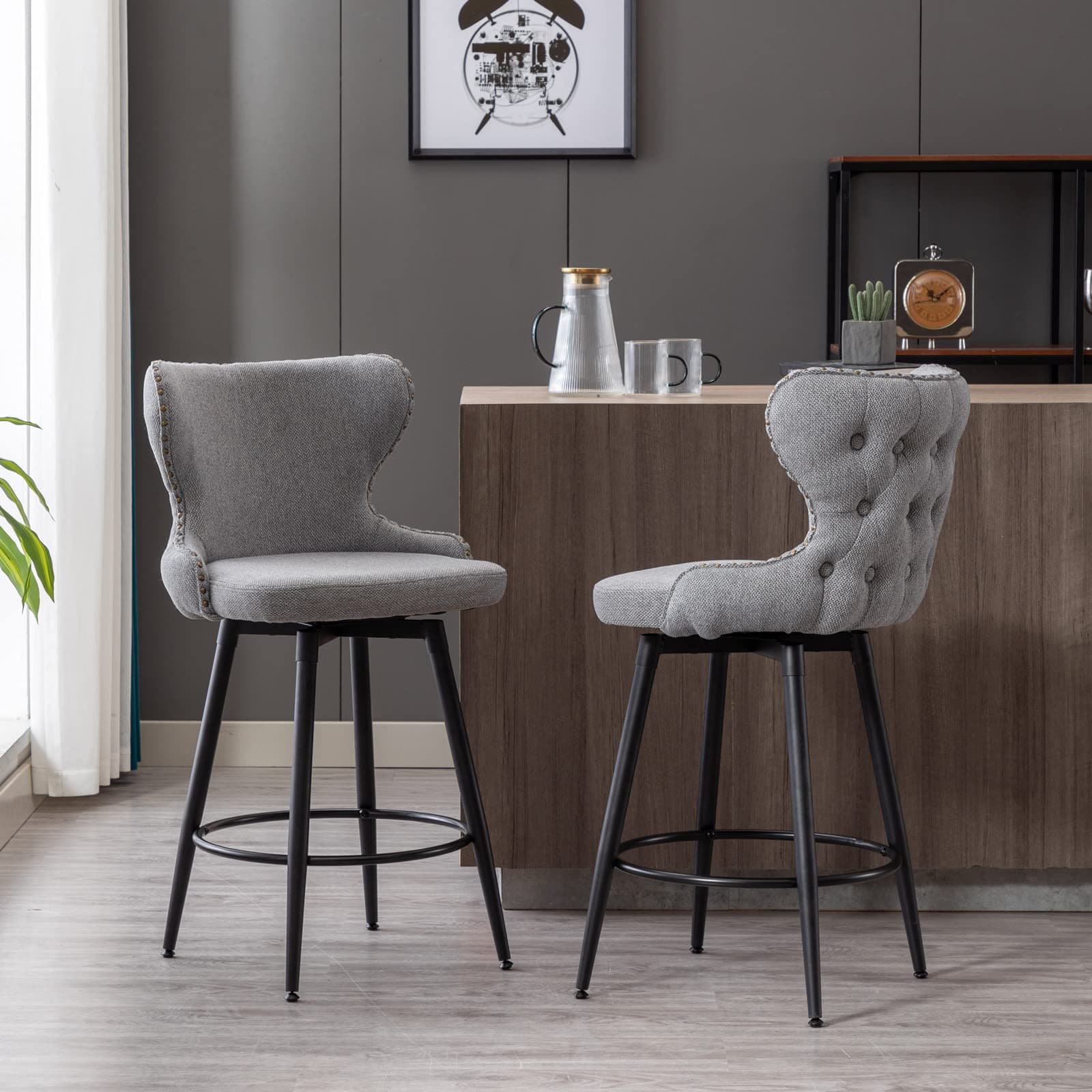 Fabric Upholstered Swivel Bar Stools Set of 2, 25 Inch Height with Tufted Back, Nailhead Trim, Metal Legs for Kitchen Island Pub, Gray