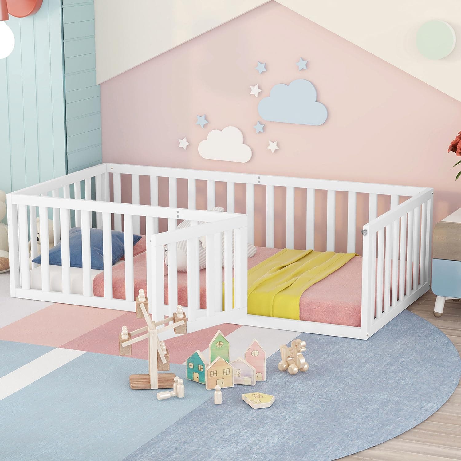 Multifunctional Montessori Floor Bed for Kids with Safety Guardrails, Solid Wood Frame, White