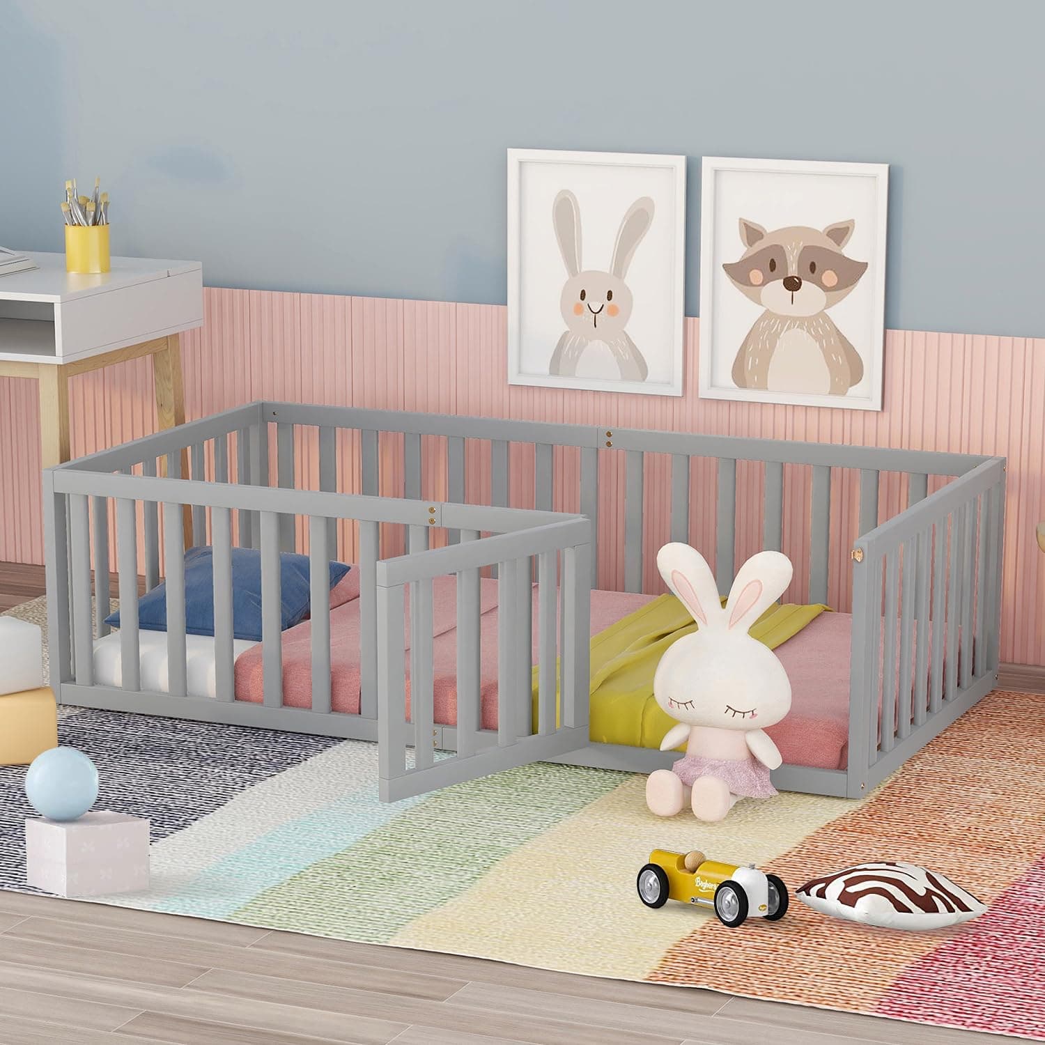 Montessori Floor Bed for Children – Gray Twin Size with Fence & Door Frame