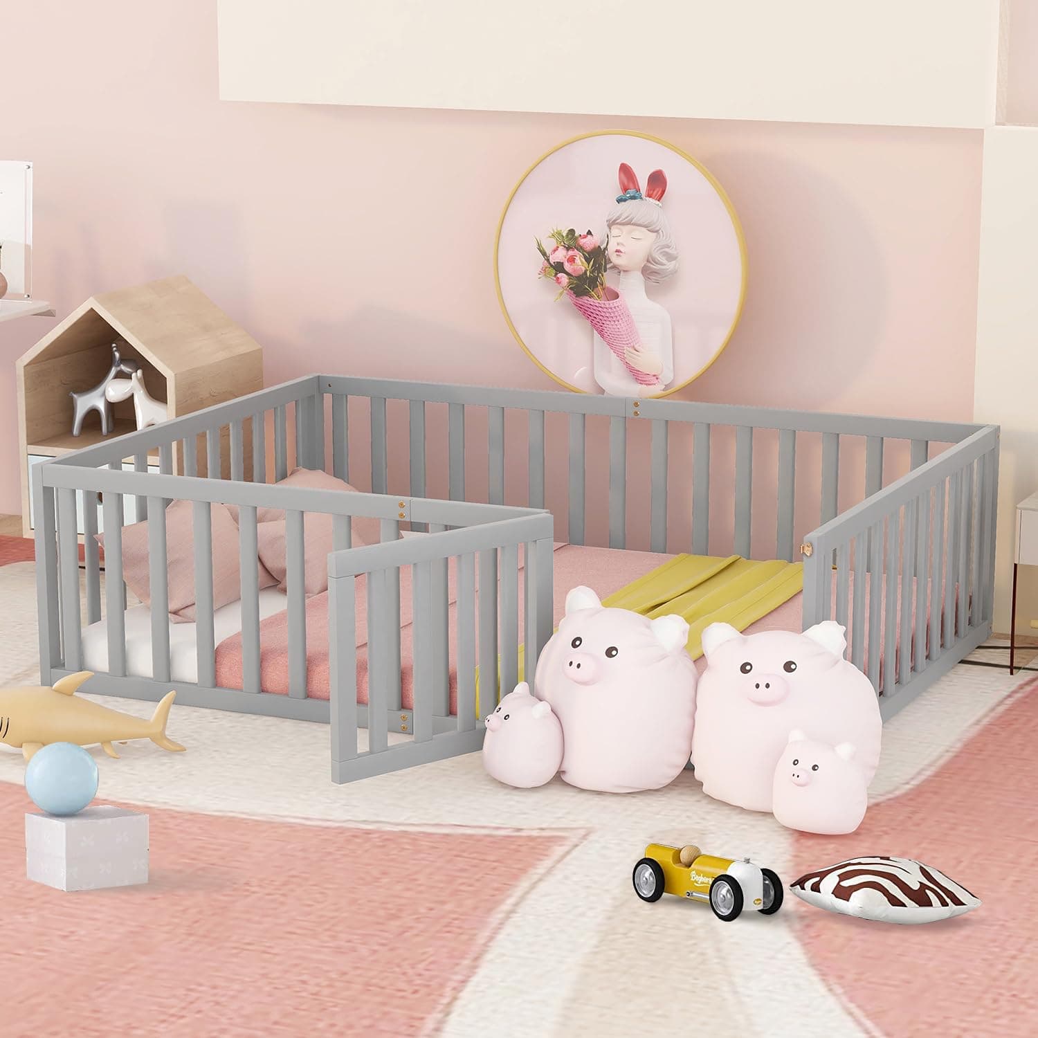 Wood Montessori Floor Bed for Children with Fence & Door, Gray