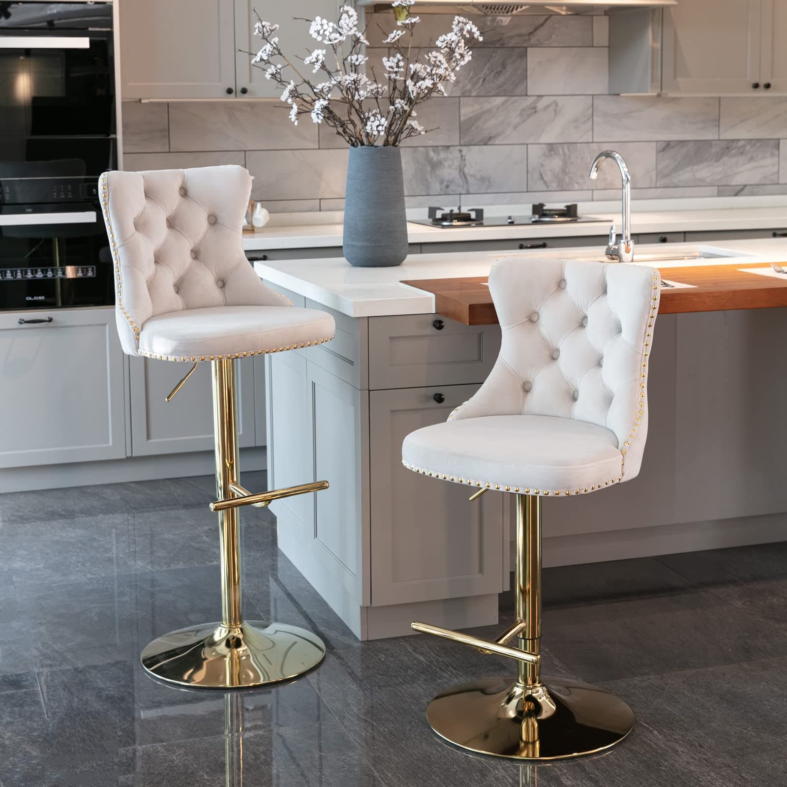 Set of 2 Velvet Swivel Bar Stools with Nailheads Trim, Button Tufted Back and Golden Footrest, Beige