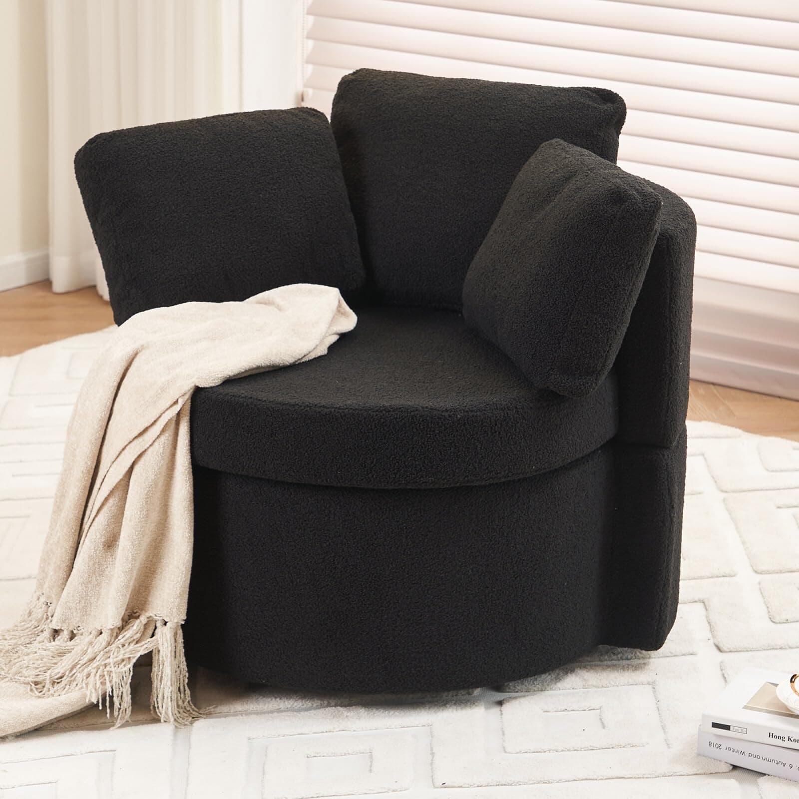 Swivel Accent Chair with Storage, Teddy Barrel Chair with Metal Base, Single Sofa Chair for Living Room, Black Color