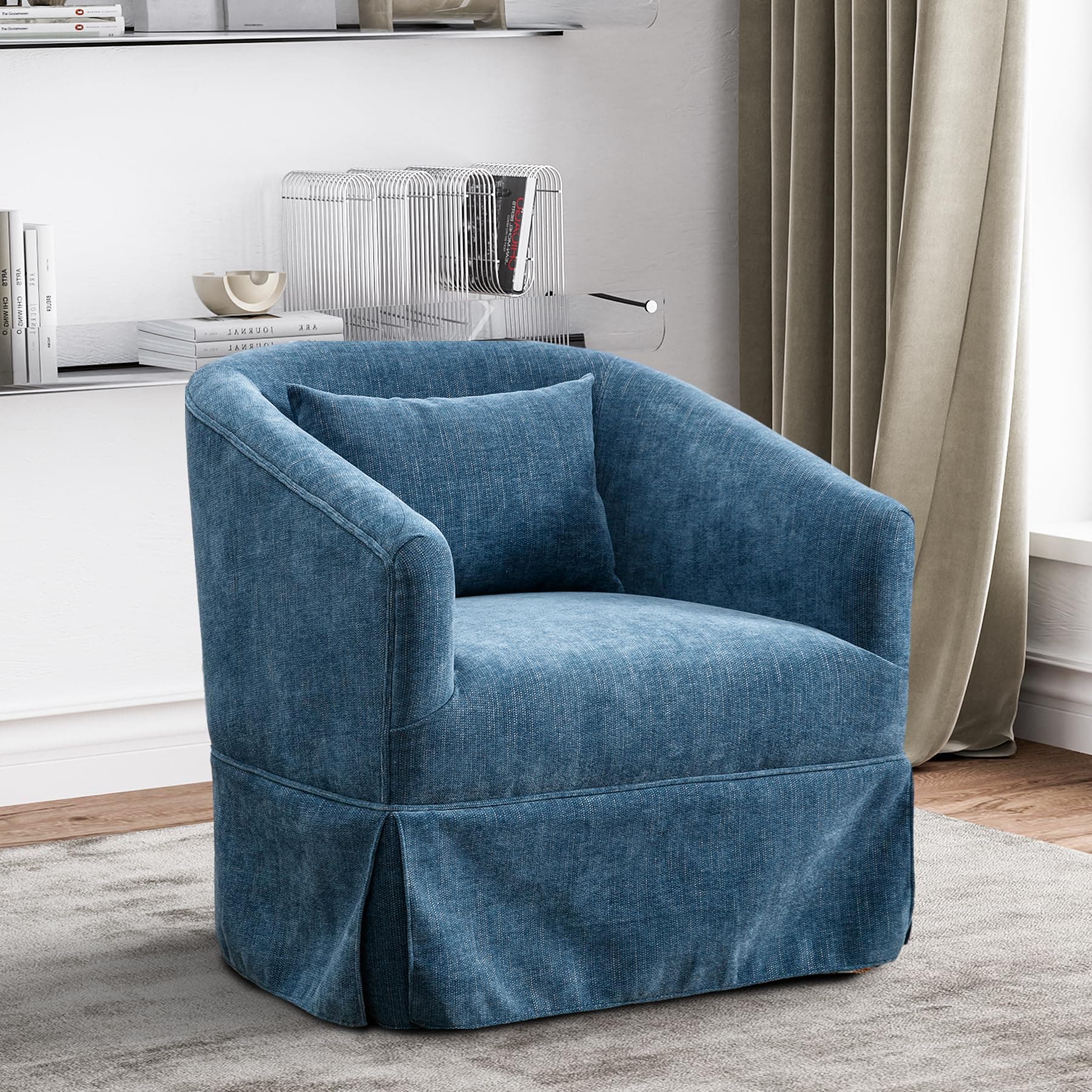 Blue Swivel Accent Chair with Skirt, Upholstered Swivel Barrel Chair - 360°Comfy Chenille Small Single Sofa Club Armchair
