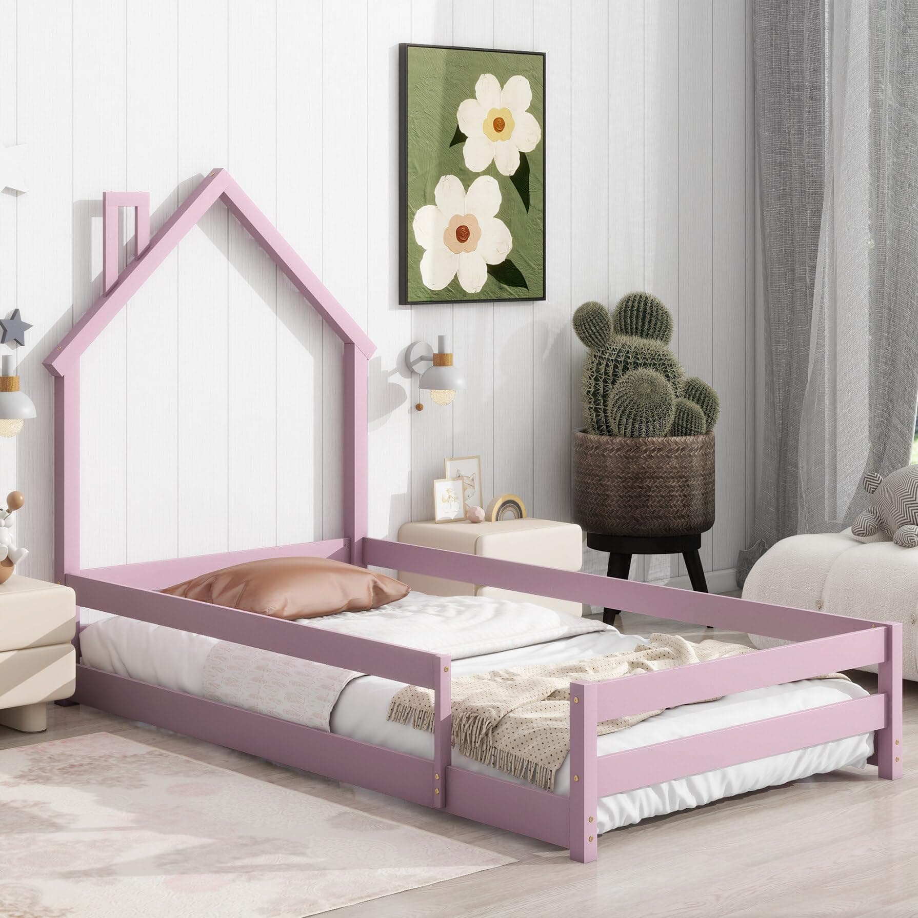Wooden Montessori Twin Floor Bed with House-Shaped Headboard and Fence Guardrails, Pink