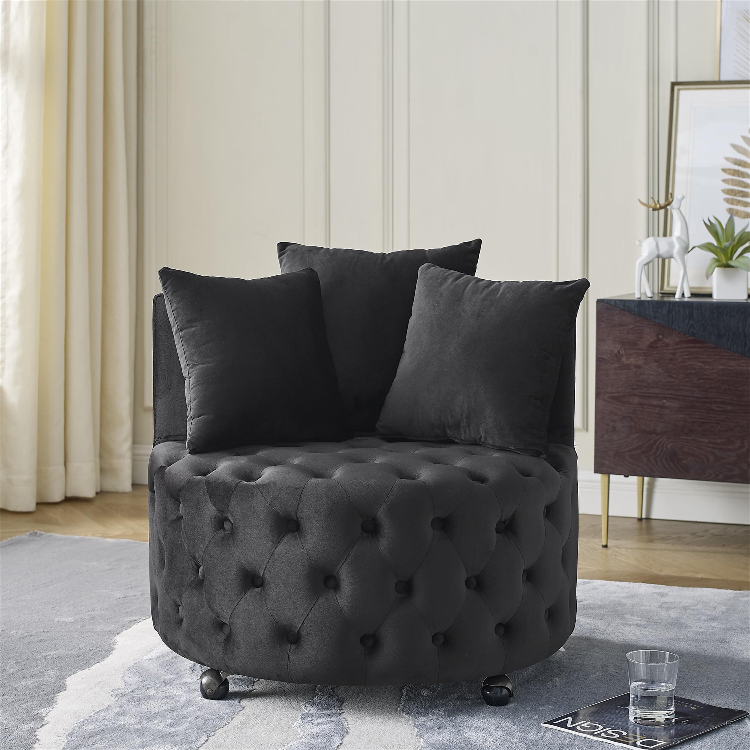 Swivel Accent Chair with Tufted Upholstery and Pillows