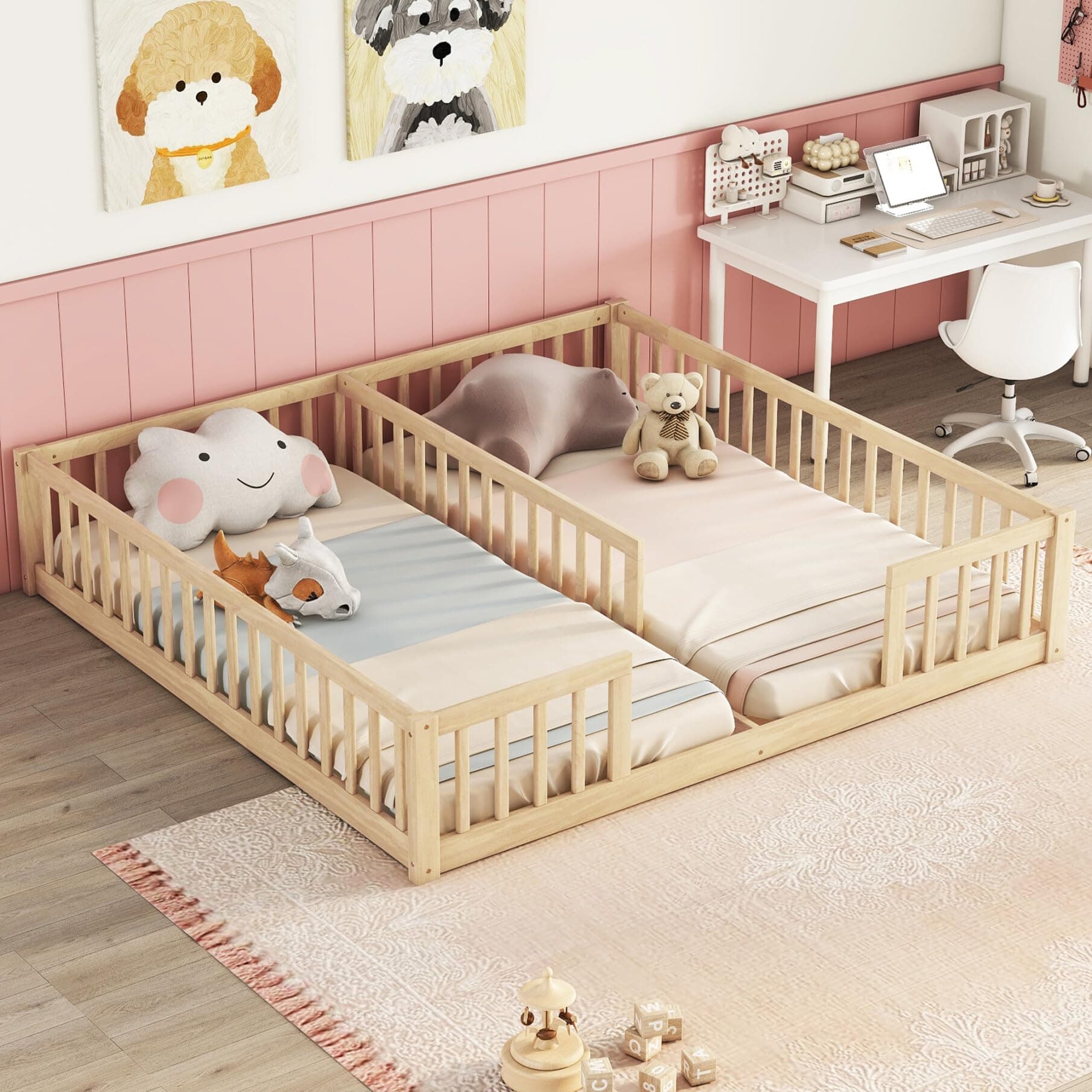 i-POOK Double Twin Bed Frames with Fence for Kids