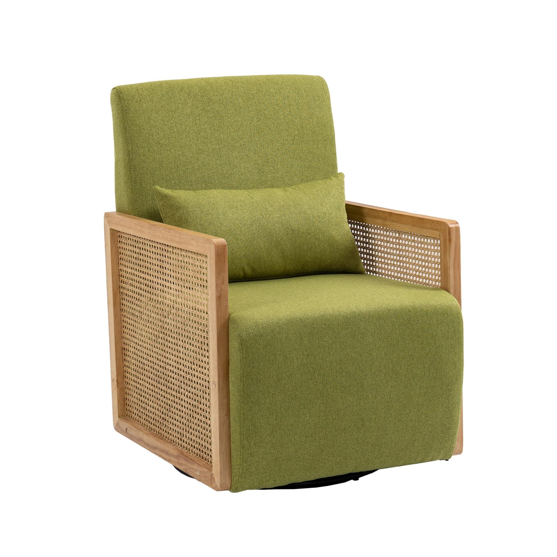 Modern Swivel Accent Chair with Rattan Armrests and Lumbar Pillow, Green