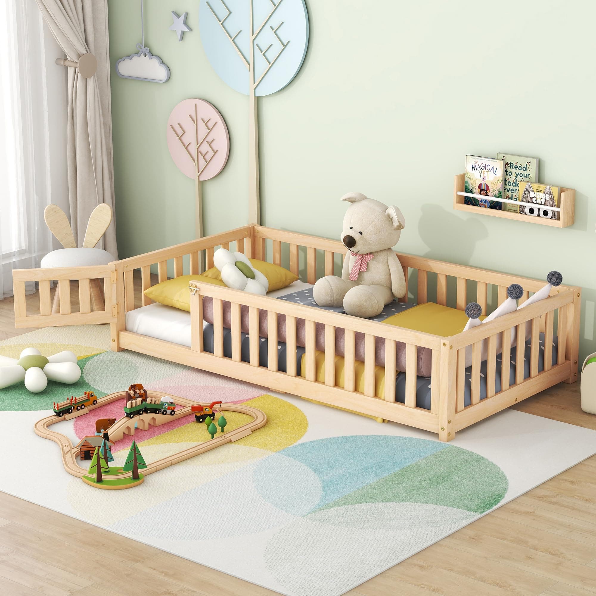 Wood Montessori Twin Floor Bed with Rails for Kids, Boys, Girls
