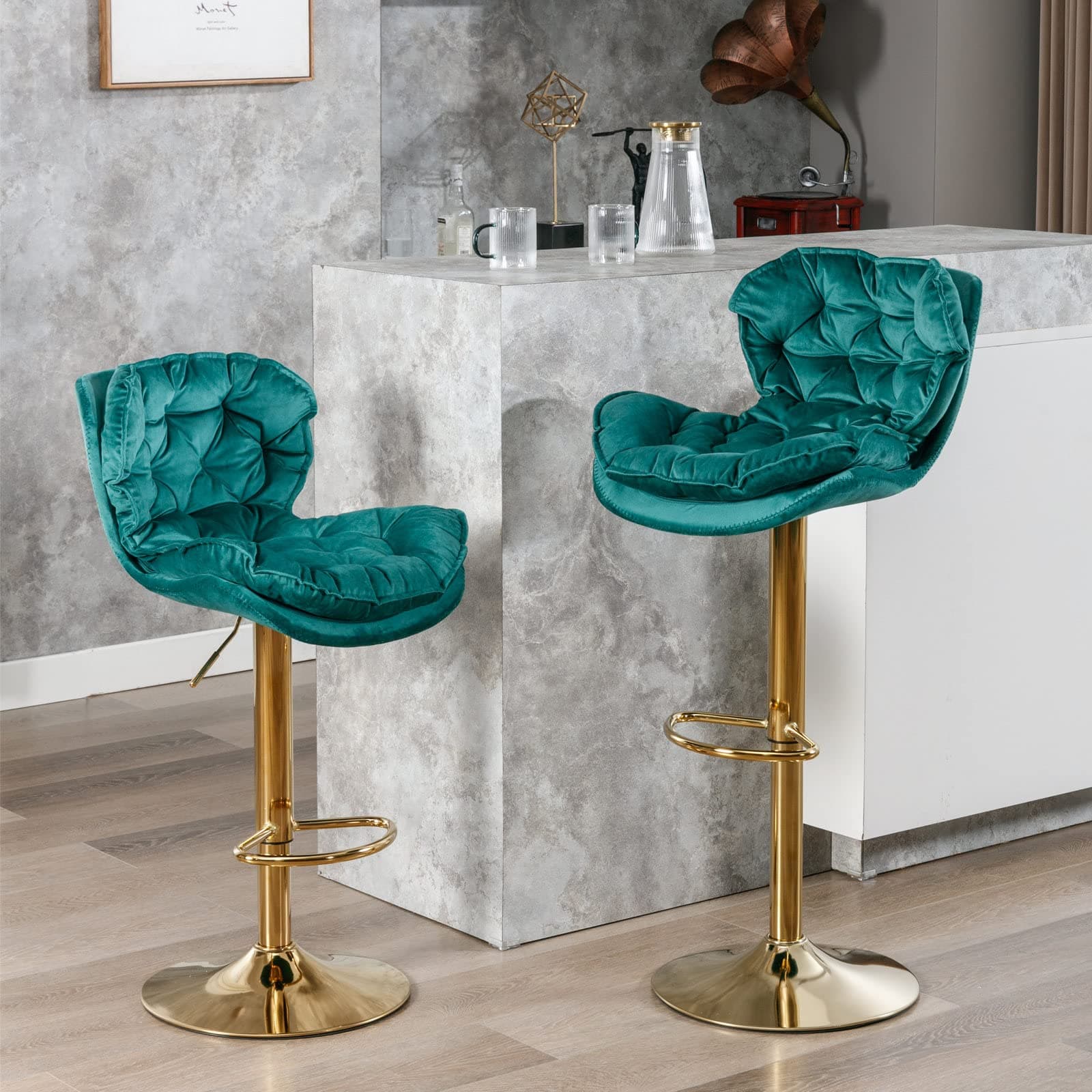 Modern Barstools Set of 2, Adjustable Velvet Swivel Bar Stool, Green