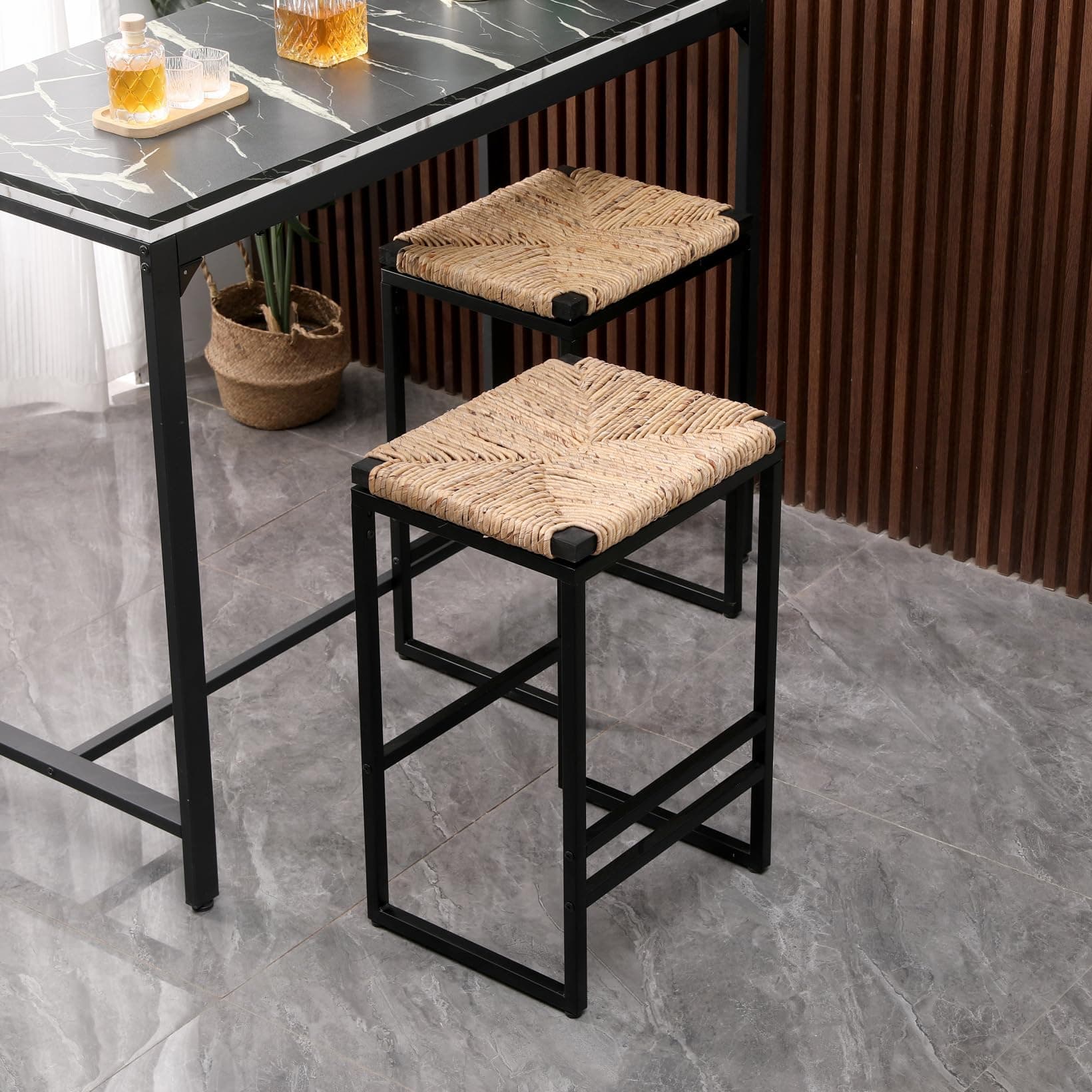 Metal Bar Stools Set of 2 with Woven Seat and Footrest