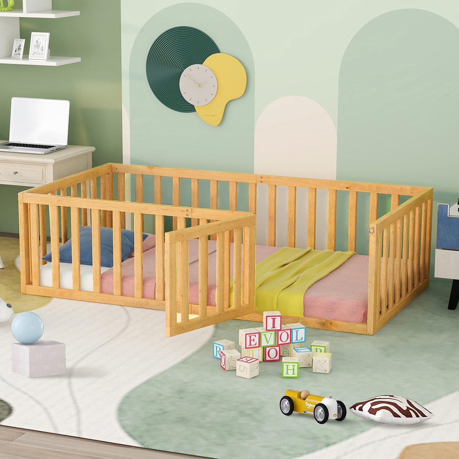 Solid Wood Montessori Floor Bed for Children with Fence & Door