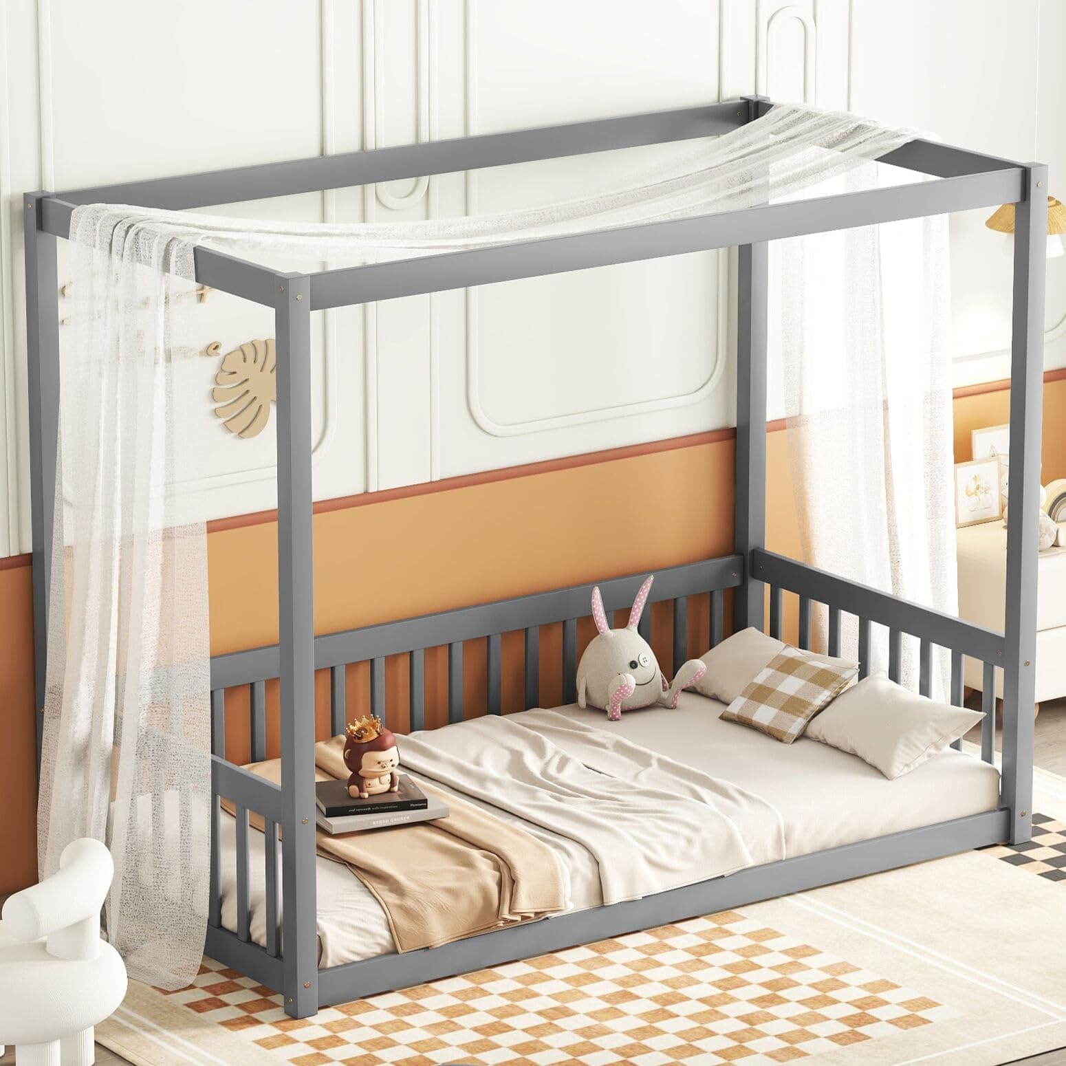 Wooden Twin Montessori Floor Bed Frame with Canopy and Guardrails