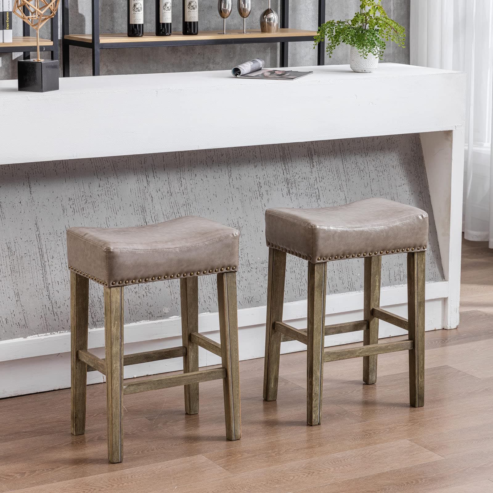 Farmhouse Bar Stools Set of 2, Gray PU Leather Upholstered Saddle Stools