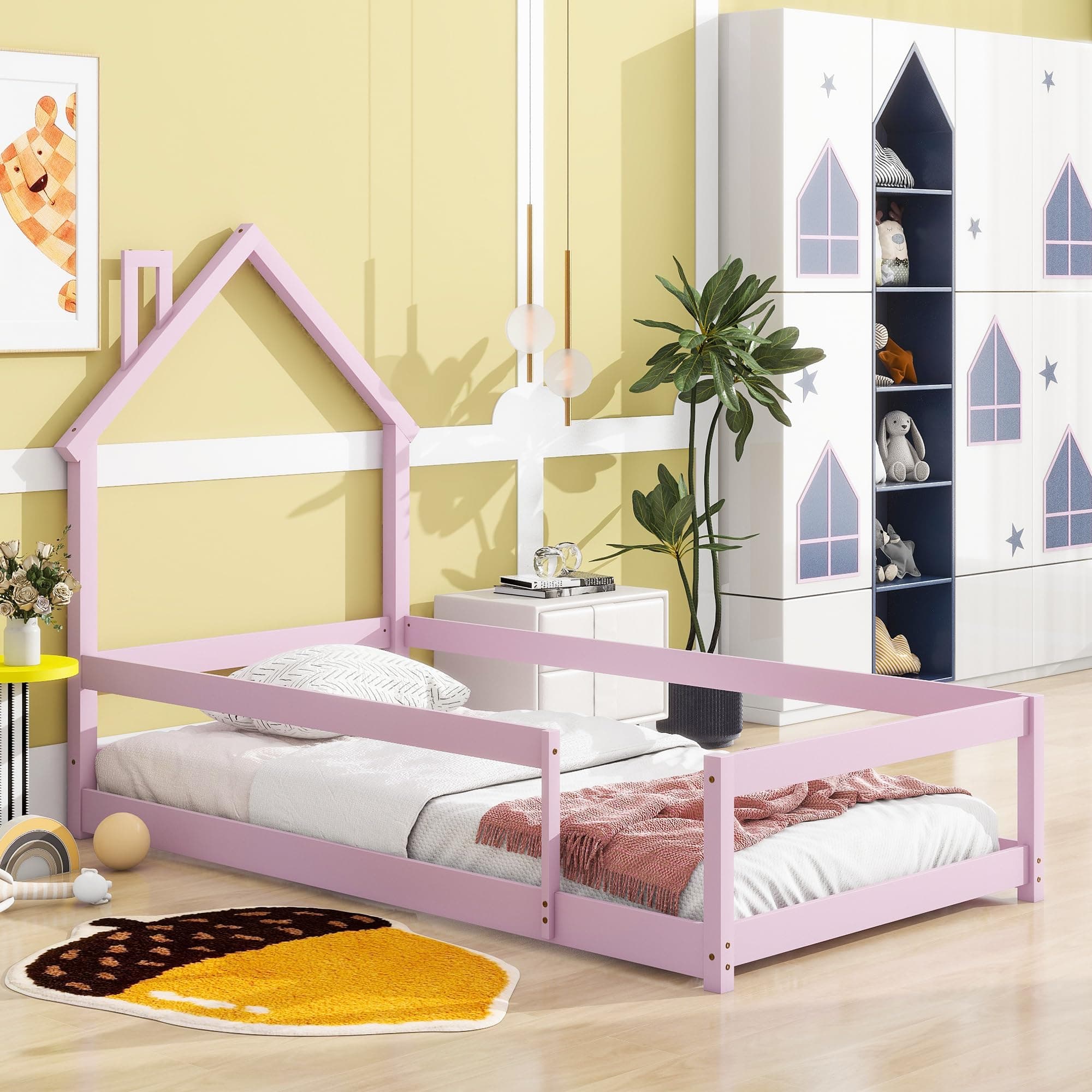 Solid Wood Montessori Twin Floor Bed for Children Boys Girls